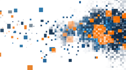 Orange and blue pixel square art, digital abstract design, isolated on transparent