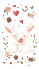 Cute rabbits holding rose surrounded by hearts and flowers, perfect for love