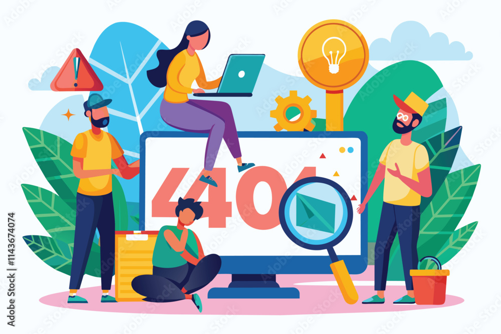 Poster a group works collaboratively to resolve a 404 error in a flat design, fostering teamwork and creati