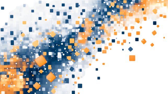 Orange and blue pixel square art, digital abstract design, isolated on transparent