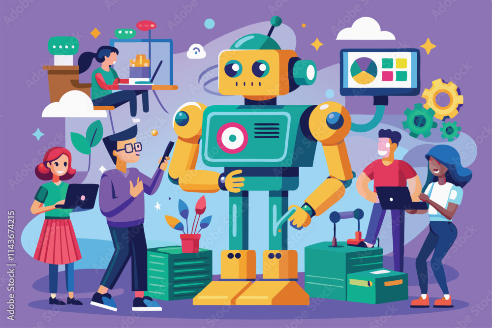 Poster participants are actively designing and customizing a robot in a colorful, collaborative workspace p