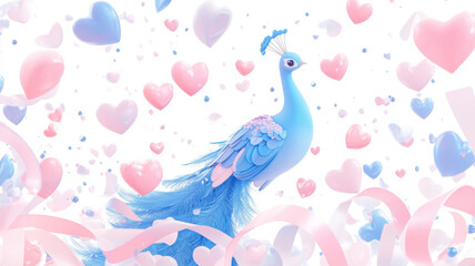 charming blue peacock surrounded by pink and blue hearts and ribbons