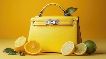 Yellow handbag with citrus on yellow backdrop.