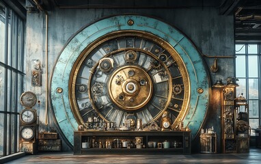 Obraz premium Futuristic steampunk world, advanced machinery powered by brass gears, horologybased technology, industrial urban landscape, detailed retrofuturistic aesthetic