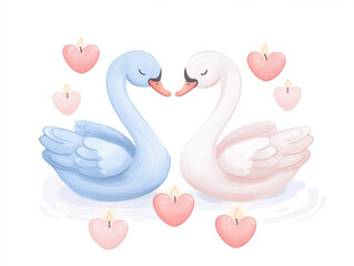 Fototapeta premium charming illustration of blue and white swan couple surrounded by hearts and candles