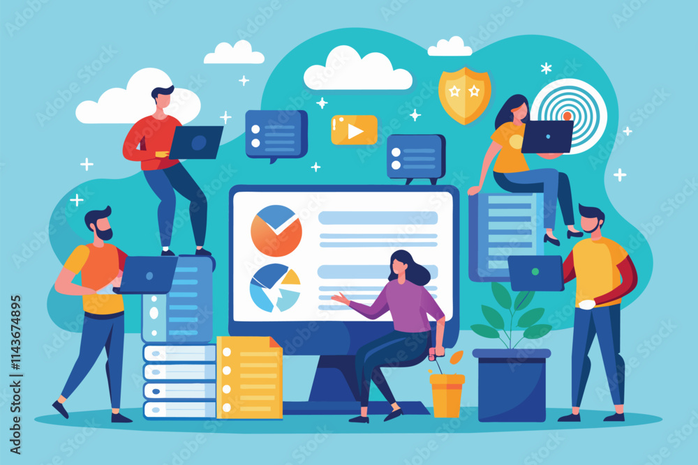 Poster individuals are actively backing up data using various devices in a colorful, modern workspace setti