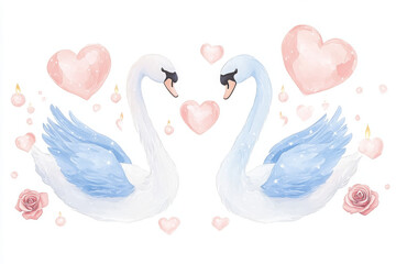 Obraz premium Elegant swan couple surrounded by hearts and roses, perfect for romance