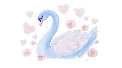 Fototapeta premium serene swan surrounded by pink hearts and roses, evoking love and beauty