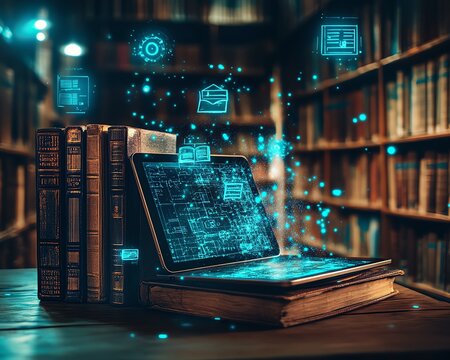 Wooden table with a tablet showing educational icons and floating books