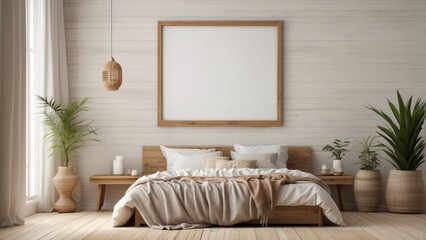 Modern Minimalist Bedroom With Wooden Bed And Large Frame