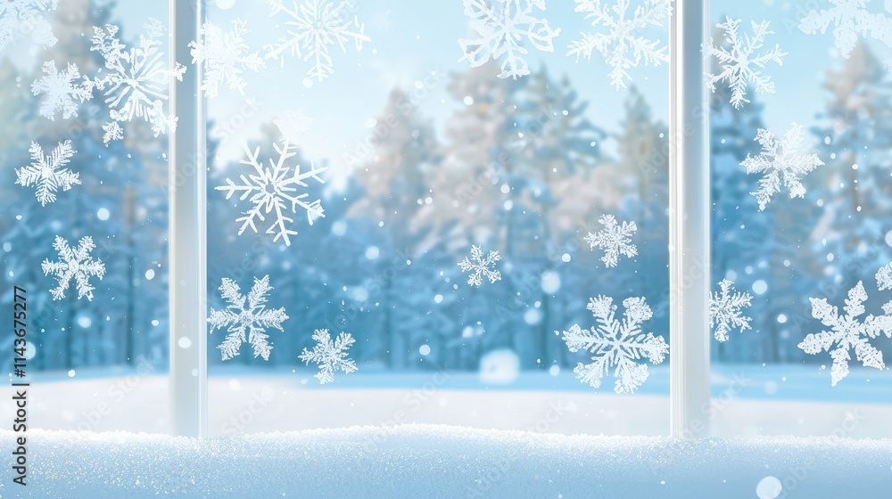Poster a close-up of frost patterns on a windowpane with a snowy landscape in the background.