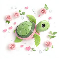 Fototapeta premium cute cartoon turtle surrounded by pink roses and hearts, evoking joy