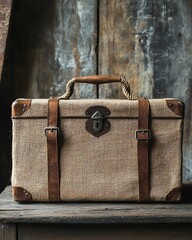 Antique suitcase made from hessian hemp rope with leather handles, placed on a wooden table, evoking vintage charm and adventure, AIgenerated oldworld travel scene