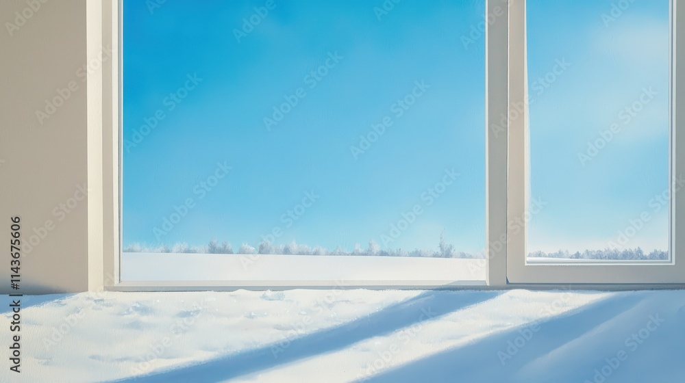 Poster a close-up of frost patterns on a windowpane with a snowy landscape in the background.