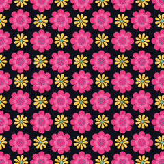 Seamless floral vector pattern with pink and yellow flowers on blue background for fashion, clothing, textile, stationary, packaging and other print.