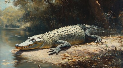 Obraz premium Large alligator basking on riverbank.