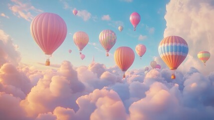 A serene sky filled with colorful hot air balloons drifting among fluffy clouds at sunset.