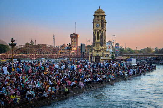 Devotees bathing in the Ganges River in the Hindu pilgrimage city of Haridwar.