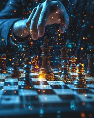 Futuristic chess game with glowing digital chess pieces