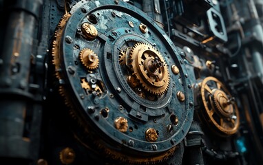 Retrofuturistic steampunk landscape, intricate gears, industrial machinery, horological details in a Victorianinspired society, vintage tones, highly detailed and immersive
