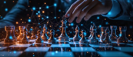 Glowing digital chess pieces on a futuristic chessboard