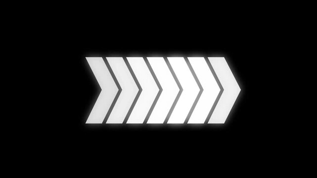 Animation of sweep arrow icon, upward and transparent with black background with white swipe right pointing arrow icon. right direction animated arrow .