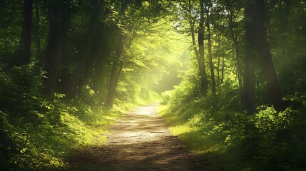 Sunlight Path in a Lush Forest. Concept of Nature, Serenity, and Spirituality.