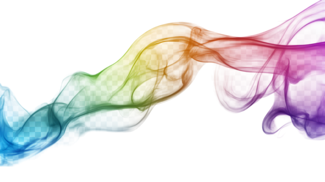 Rainbow-colored streaming smoke wave, isolated on transparent