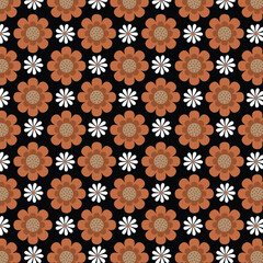 Seamless floral vector pattern with brown and white flowers on black background for fashion, clothing, textile, stationary, packaging and other print.
