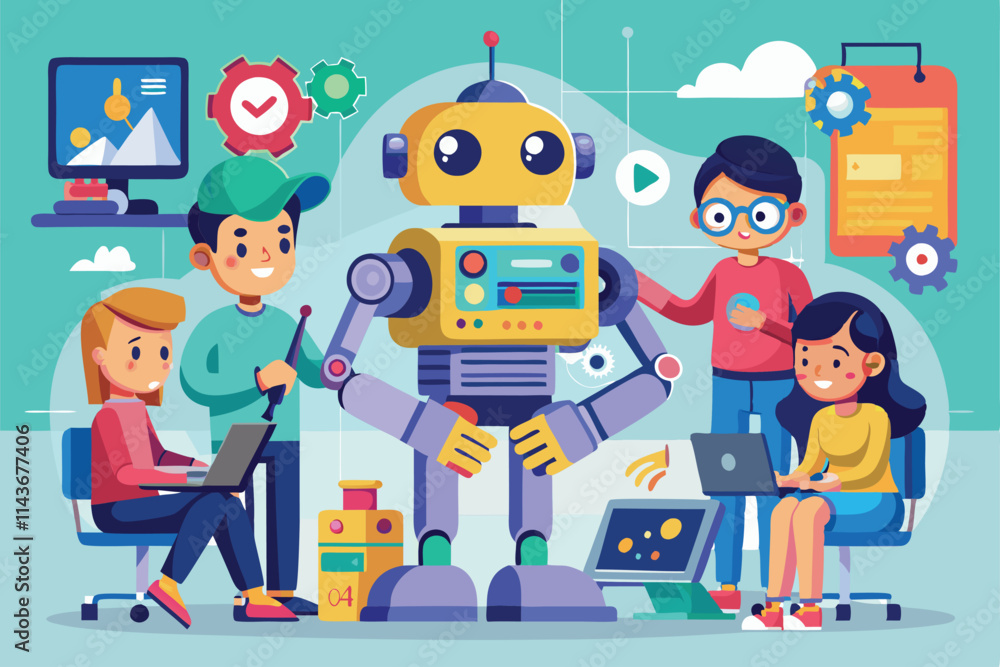 Aufkleber a group of enthusiastic individuals is creating unique cartoon illustrations of a cheerful robot in 