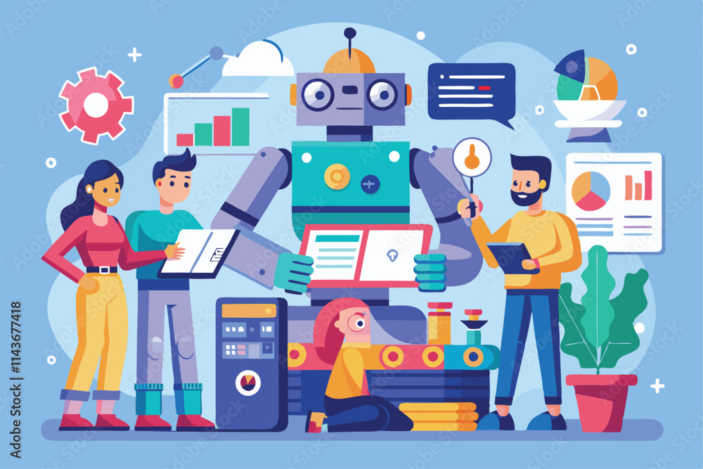 Poster a group of individuals collaborates to create unique robot designs using illustrations and digital t