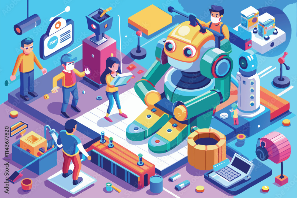 Poster individuals design and build unique robot illustrations in a creative workshop filled with tools peo