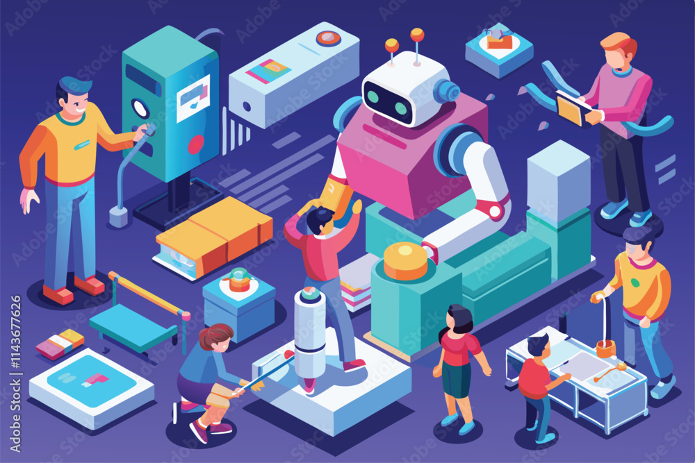 Poster participants are immersed in creating unique robot illustrations while collaborating in a lively wor