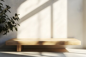 Minimalist Wooden Shelf with Sunlight and Plant