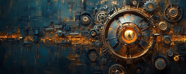 Fototapeta premium Steampunk vision, retrofuturistic cityscape with industrial elements, massive gears, steampowered machinery, horology influences, vintage Victorian style, intricate details