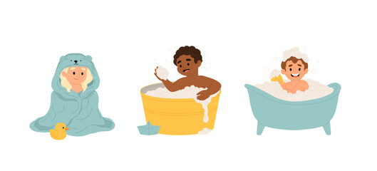 Bathing babies set. Calm kids bathing, washing themselves in bathtub. Cute little boys and girls, sweet children in bathroom. Flat cartoon vector illustrations isolated on white background