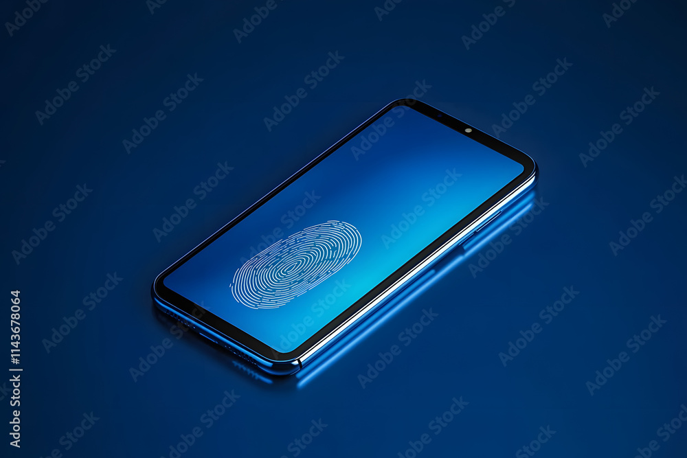 Aufkleber smartphone with digital fingerprint scanning display on blue background, representing security and b
