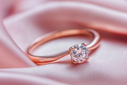A close-up of a delicate rose gold engagement ring with a round brilliant-cut diamond
