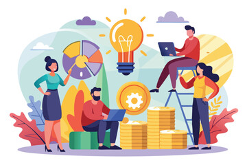 A team collaborates creatively, discussing strategies to boost revenue while analyzing data and concepts People seeking ideas and analysis to boost revenue, flat illustration.
