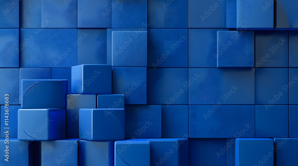 Poster collection of blue 3d blocks form a wall. futuristic background with copy-space.