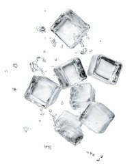 several clear ice cubes falling against a transparent background with water splashing around them
