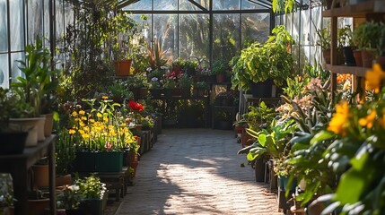 Obraz premium Greenhouse filled with colorful flowers and plants. Concept of nature, gardening, and tranquility.