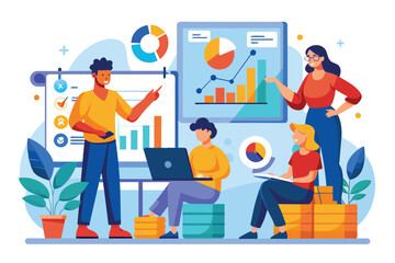A group of students collaborates on business graphs and data analysis while studying together People studying business graphs on charts.