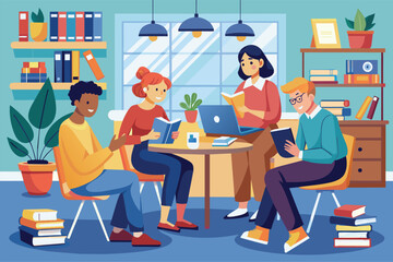 Fototapeta premium A group of four students are engaged in group studies around a table in a bright, inviting room People studying together in a flat illustration.