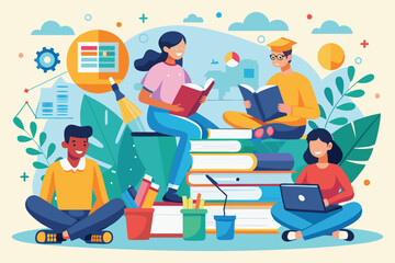 Naklejka premium A vibrant group of students studies together with books, a laptop, and stationery in a cozy environment People studying in a flat illustration.