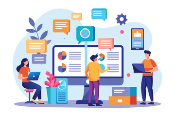 Individuals are actively syncing data on computers while engaging in teamwork and communication People sync data on computers with popular documents, using simple illustrations.