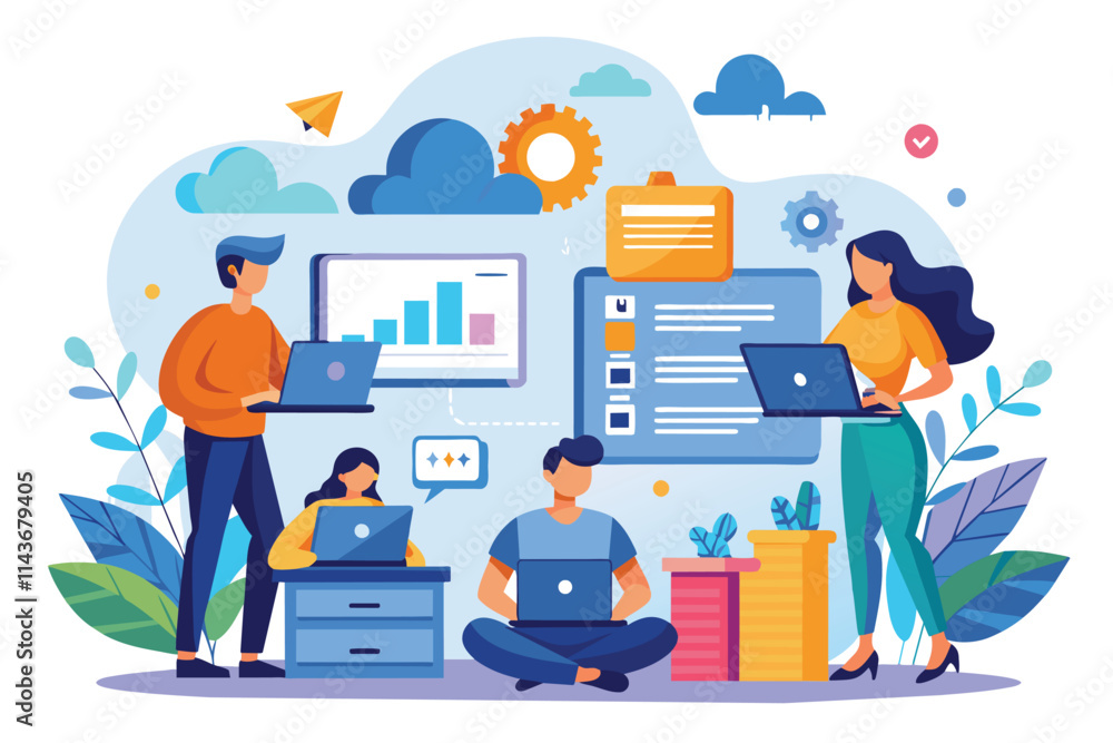 Poster individuals collaborate at a workspace, managing data and sharing insights with laptops in a vibrant