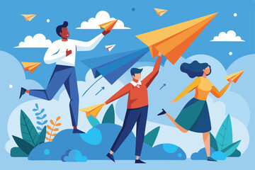 Fototapeta premium Three individuals joyfully throw colorful paper airplanes into the sky, celebrating creativity and fun People use paper airplanes to reach their goals, representing the path to success.