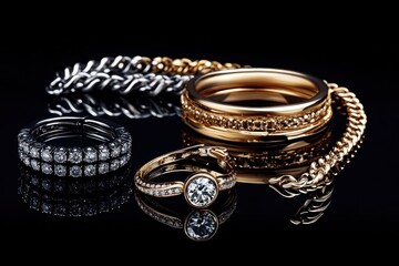 A close-up top view of an arrangement of gold and silver jewelry, including a solitaire diamond ring, diamond-studded bangles
