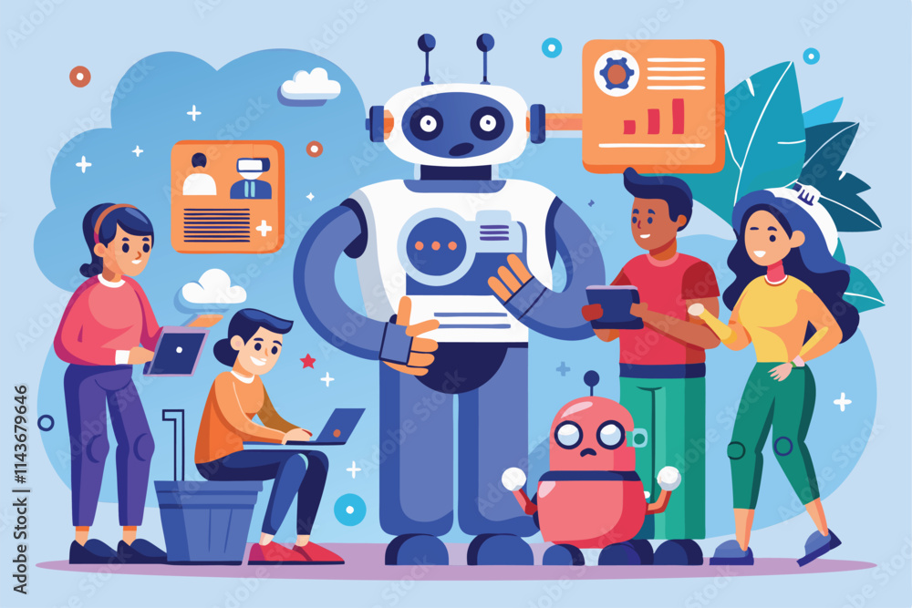 Poster a group of individuals interacts with cartoon robots while exploring technology and creativity peopl